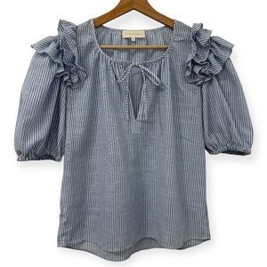 Caballero Split Neck Ruffle Puff Sleeve Striped Top XS